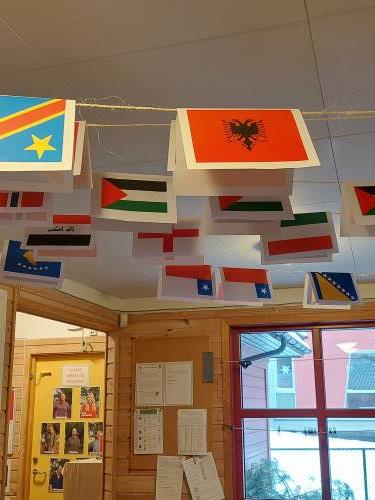 I karuss barnehage har vi mange nasjonaliteter, vi markerer alle flagg som er representert på froskane. 